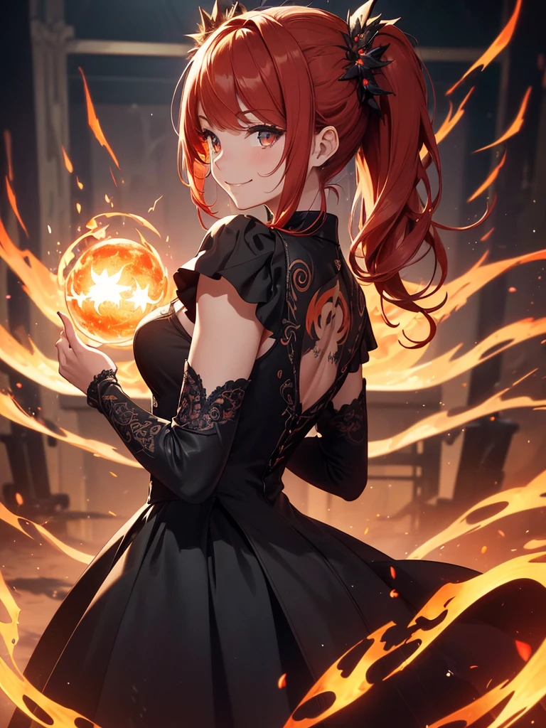 (((best quality, sharp image, clear image, cinematic lighting, 8k resolution, masterpiece, ultra detailed, intricate))) Girl, (((looking over left shoulder))), (shot from behind), ((shot from hip up)), fiery red hair, pigtails, ((intricate black dress)), ((flaming sigils, flaming runes)), spiky rock formations, (flaming lotus flowers frame), (intricate background), ((Phoenix)), (swirling flames), smiling
