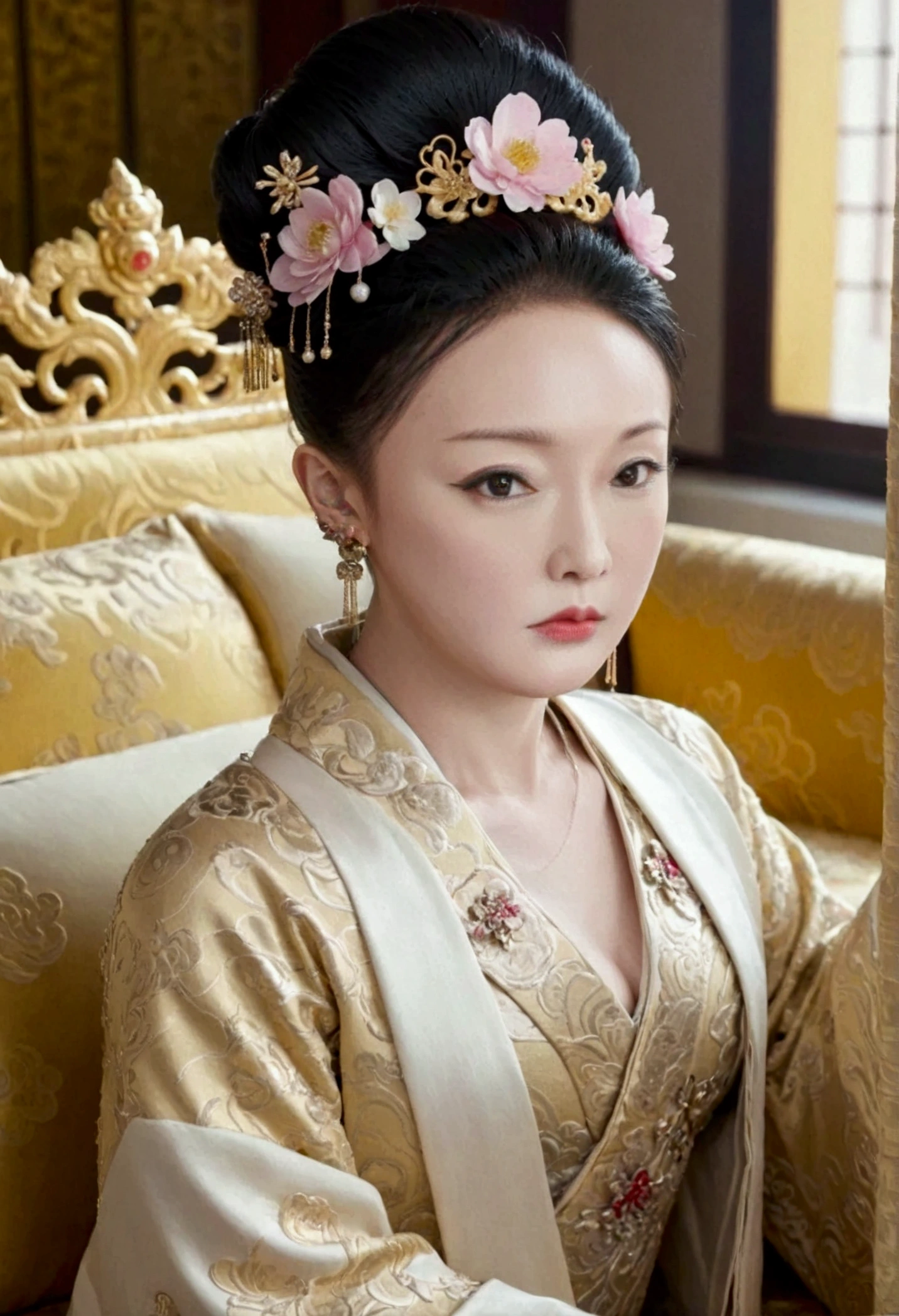 The naked front or seen appearance of a luxurious Empress from the Qing Dynasty of China, sitting on a large golden sofa., Large breasts and a pornographic pose, her hair tied on both sides、A beautiful hairpin and flower ornament, the Empress of China、Hair tied in the back, a perverted and erotic female background、The setting is the luxurious room of the Empress in the Qing Dynasty palace of China。.。