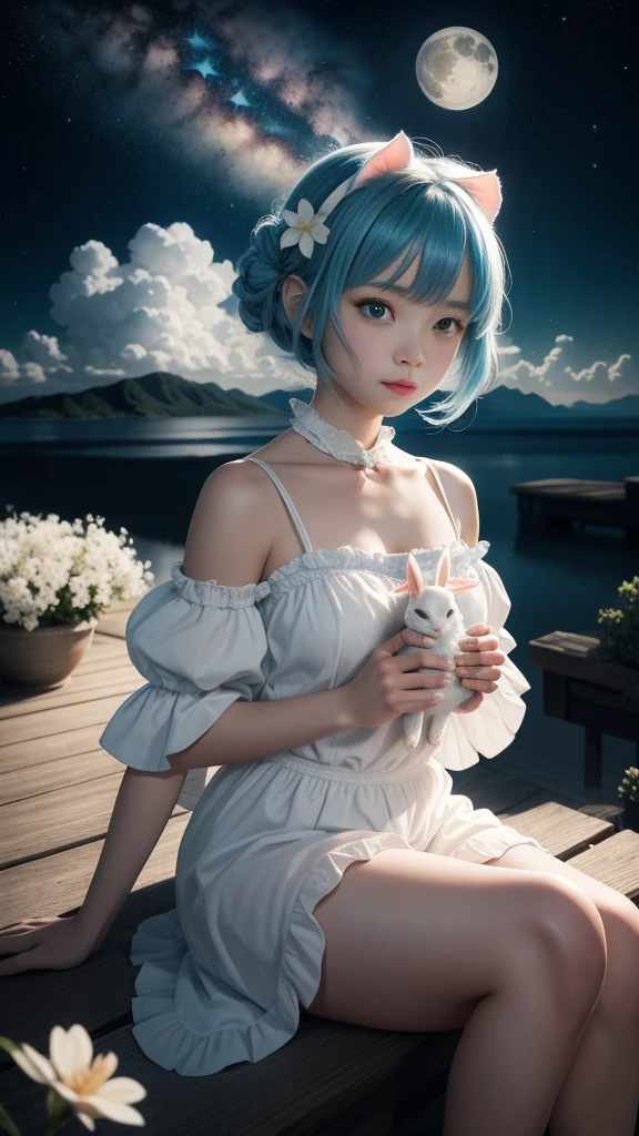 （first person perspective, in a panoramic view，magic realism，surrealism，Chiaroscuro, anime illustration：1.5，，Masterpiece, hyper HD, Super detail, High details, Best quality, A high resolution, A high resolution, Award-Awarded, Award-Awarded, Anatomically correct, 8K），（Delicate anime girl：1.5，blue hairs，Holding a cute little white rabbit：1.5，sitting on a moon：1.5，Peach blossoms with blurred foreground，the sea，​​clouds，There is a huge satellite suspended in space，Peaceful night sky in the background，A lot of meteors），（ Chic girl，anatomy correct，Cinematic lighting，senior color matching，Dark background）