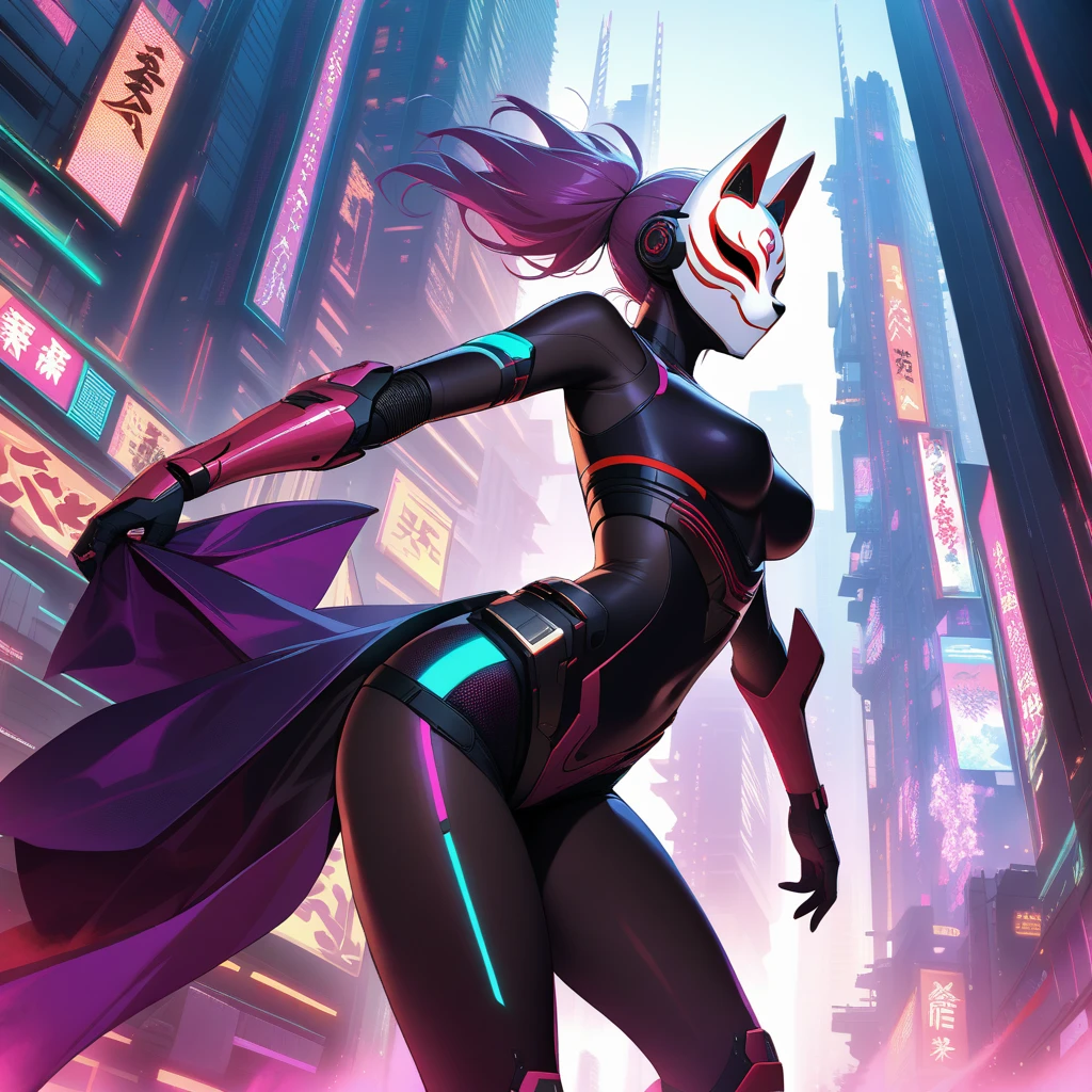 In a dystopian cyberpunk cityscape bathed in neon hues and moonlit shadows, a cyborg female ninja stands out as a stark silhouette. Her face is obscured by an ancient Inari fox mask, adorned with vibrant red lines on a white background, as she hurtles forward at breakneck speed. The wooden mask's intricate details seem to glow with a soft luminescence in the pale moonlight, while her lean, athletic physique appears to be propelled by some unseen force. The city's towering skyscrapers loom behind her, a testament to humanity's fleeting grasp on innovation and progress. A sensual profile with a crazy smile on her dark red lips., masterpiece, incredibly absurd resolution, absolutely resolution, ultra high resolution, 