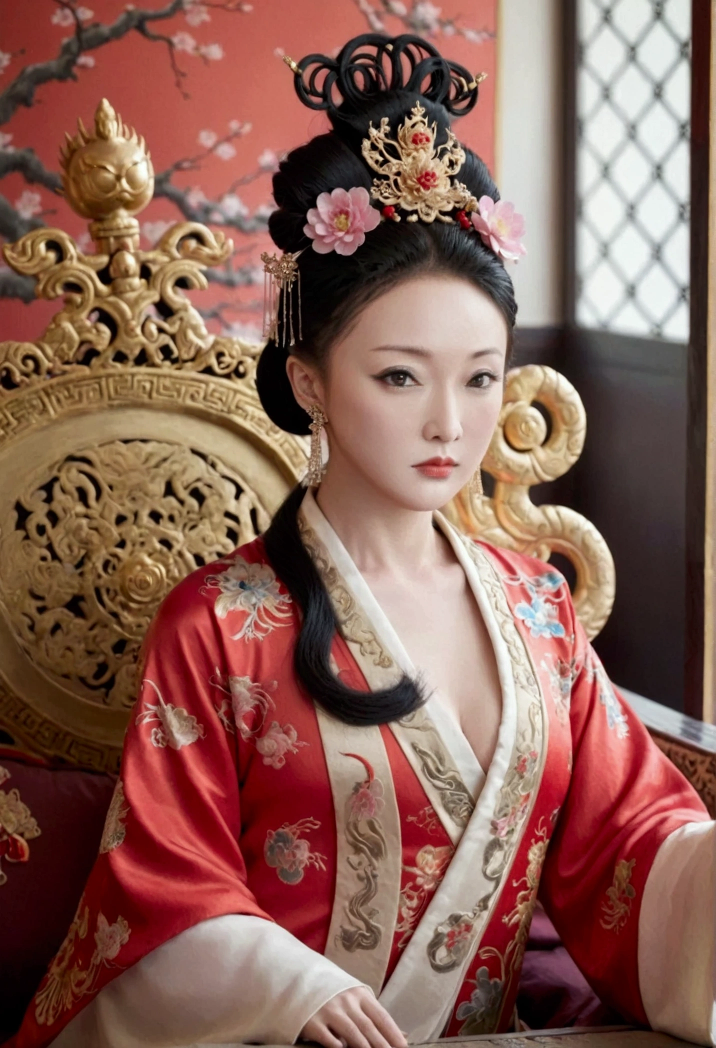 The naked front or seen appearance of a luxurious Empress from the Qing Dynasty of China, sitting on a large golden sofa., Large breasts and a pornographic pose, her hair tied on both sides、A beautiful hairpin and flower ornament, the Empress of China、Hair tied in the back, a perverted and erotic female background、The setting is the luxurious room of the Empress in the Qing Dynasty palace of China。.。