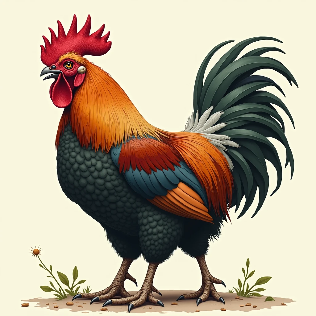 creat an image of a rooster with 5 legs, 3 wings, two heads. The rioster is fat, ugly, disproportioned, sick, blistered, featherless.