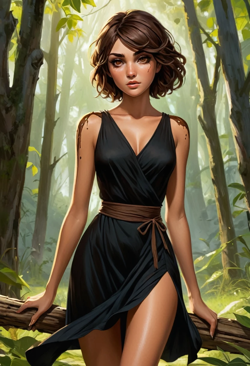 A Goddess of nature that has short and brown hair, has brown eyes, Tanned, beautiful, wears a below the knee length black dress, has multiple scars and bruises on her legs and arms, and her left eye is blind because it's stabbed with a piece of wood.