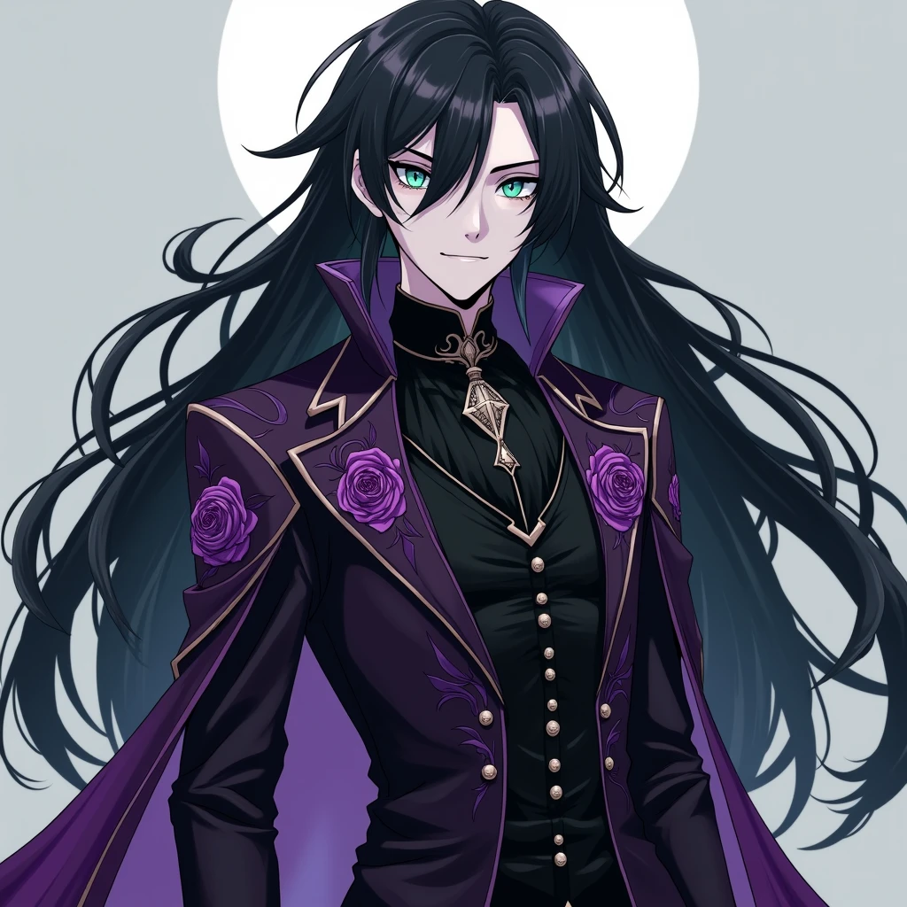 Male, y, long black hair, teal blue eyes, young, gothic clothes. delicate features, no facial hair, no body hair, seductive, white and pale. Roses. Purple and black. Long eyelashes. No facial hair. Man. Male. Smirking. No body or facial hair. Young male. Anime style. Male. Towering over the camera. Full body. Malicious. Do it in the anime style. Sexose.