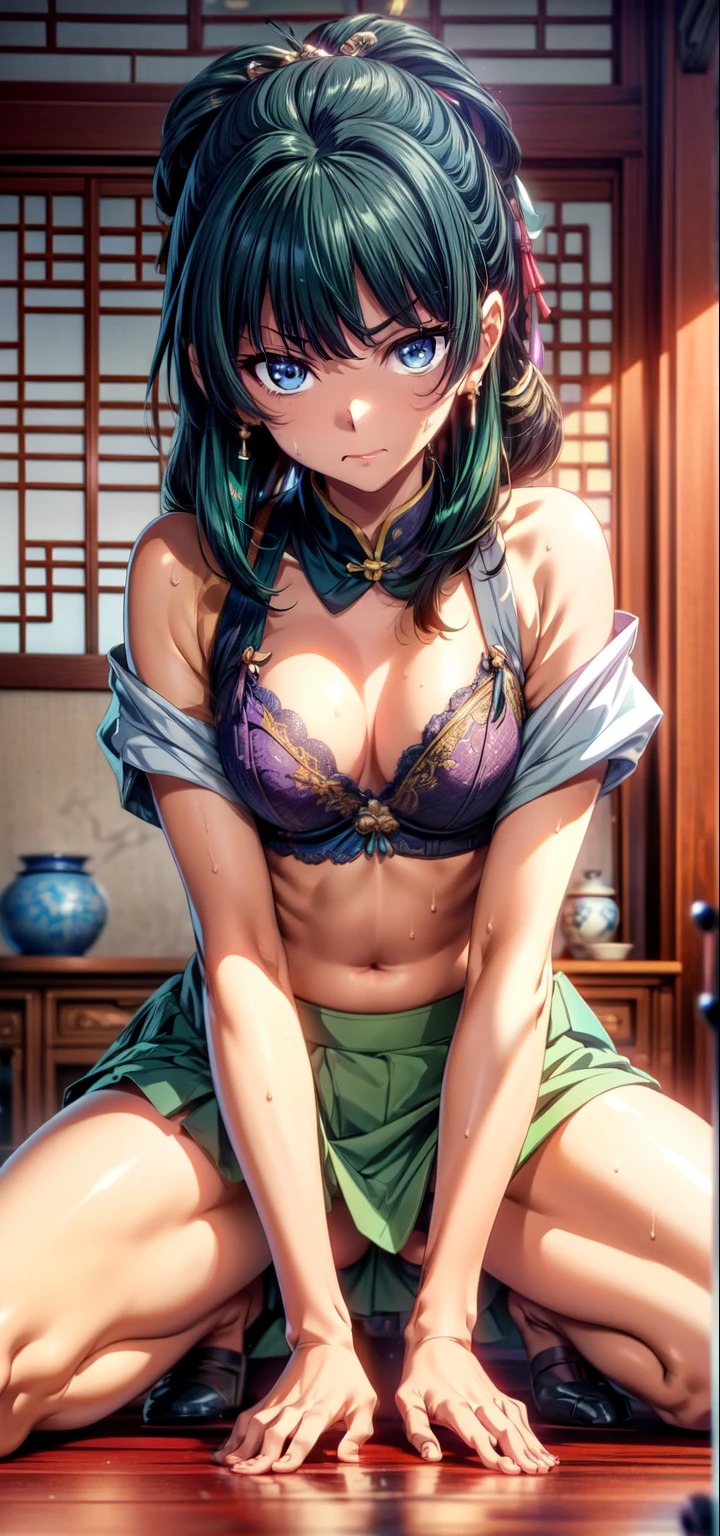 (Masterpiece, High Quality, Top quality, High-Detailed, Detailed CG, Cinematic Shadow, Cinematic Scene, Beautiful Detailed Eyes, Ultra Resolution, Depth of Field, High Resolution, Masterpiece: 1.2), Anime Art style, Very Detailed, Dynamic Angle,  Style, Detailed Green Hair, Detailed Blue Eyes, Purple Eye, Slim Body, Sparkling Eyes, Sparkling Detailed Eyes, Hair Accessory, Earrings, Slightly Blunt Bangs, Looking at the Audience, Cute, Five Finger, (Angry Expression:1.2), (Chinese Flower Pattern), (Chinese Underwear: dudou [Bellyband], [Pocket], [pocket]), (moxiong [Tube Top]), (Waxiong [Stockings]), (Lanqun [Skirt]), (Hehuan Lanqun [Hibiscus Skirt]), lingerie, Underwear, Good Composition, Legs, Feet, Buttocks, Sweat, Thighs, Small Breasts, Small Size Breasts, Blur Background, Chinese Architectures