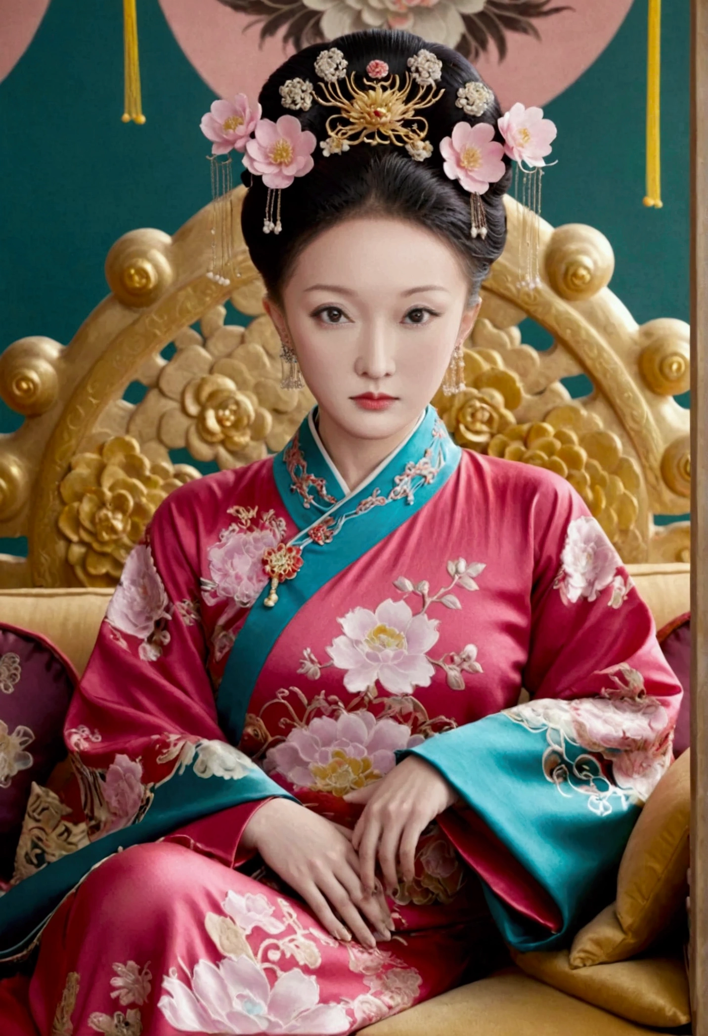 The naked front or seen appearance of a luxurious Empress from the Qing Dynasty of China, sitting on a large golden sofa., Large breasts and a pornographic pose, her hair tied on both sides、A beautiful hairpin and flower ornament, the Empress of China、Hair tied in the back, a perverted and erotic female background、The setting is the luxurious room of the Empress in the Qing Dynasty palace of China。.。
