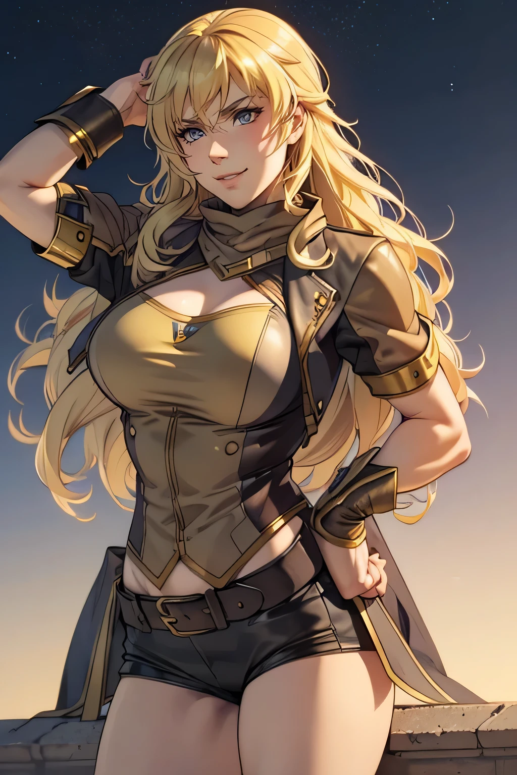 masterpiece, best quality, agrias, a woman, solo, wearing short brown jacket, black shorts, blonde hair, high leg, wavy hair , muscular , detailed face, muscular detailed face, age 22, modern house patio, big breast, standing, head up, Night time, purople eyes