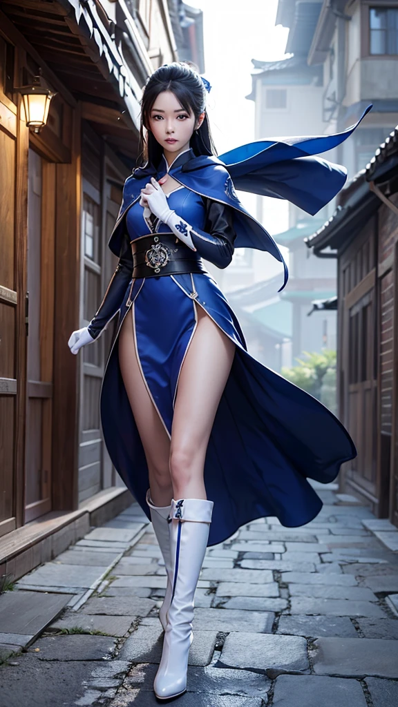climbs a wall of a tall houseSouth korea ninja women mystery hooded on with modern royal Blue coat with long and wide sleeves with ons and royal Blue cape and very high white heel over the knee and white gloves, As she reveals a small secret hidden blade coming from his palm , adding to the character's mysterious and agile appearance, with small movements of air on the cape,, in summer at night under the rain,medieval south korea house. sophisticated and highly detailed, ultra hd, realistic, hyper detailed, enhanced colours, ultra sharp focus, with vibrant, rich in details High quality, gorgeous, captivating, 8k, super detailed, stunning shadows, detailed lines, ready to make a murd