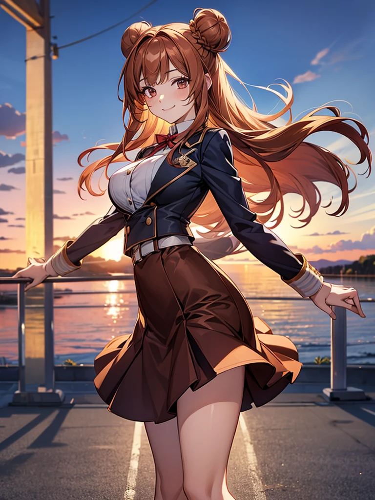 one person, Chestnut Hair, Half Up,Large Breasts, smile, Droopy eyes, perspective, Height: 165cm,High School Uniform,Anime Style, Nice body,Knee-length skirt,Healthy sex appeal,High resolution, Anatomically correct, 最High quality, Damaged, detail, High detail, High-resolution model, High quality, quality, Very detailed, Ultra high definition, Textured skin, Hair blowing in the wind, Deco bangs, Three-bun updo, happiness, Viewfinder, smile, multiview,
