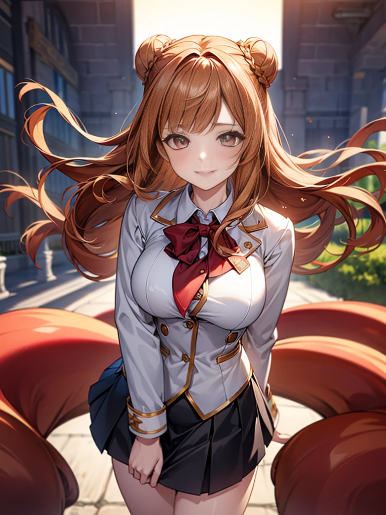 one person, Chestnut Hair, Half Up,Large Breasts, smile, Droopy eyes, perspective, Height: 165cm,High School Uniform,Anime Style, Nice body,Knee-length skirt,Healthy sex appeal,High resolution, Anatomically correct, 最High quality, Damaged, detail, High detail, High-resolution model, High quality, quality, Very detailed, Ultra high definition, Textured skin, Hair blowing in the wind, Deco bangs, Three-bun updo, happiness, Viewfinder, smile, multiview,