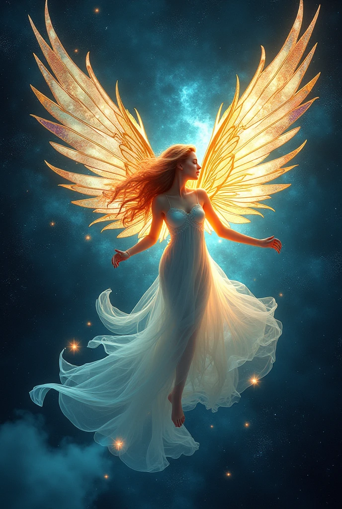 The celestial beauty of iridescent wings and radiating light, Swirling galaxy and space dust in the background. Inspired by Art Nouveau, Her appearance is graceful and elegant, Flowing lines and organic shapes evoke the beauty of the natural world.Look this way and float in the air