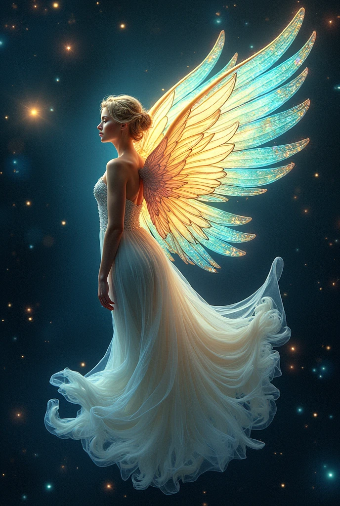The celestial beauty of iridescent wings and radiating light, Swirling galaxy and space dust in the background. Inspired by Art Nouveau, Her appearance is graceful and elegant, Flowing lines and organic shapes evoke the beauty of the natural world.Look this way and float in the air