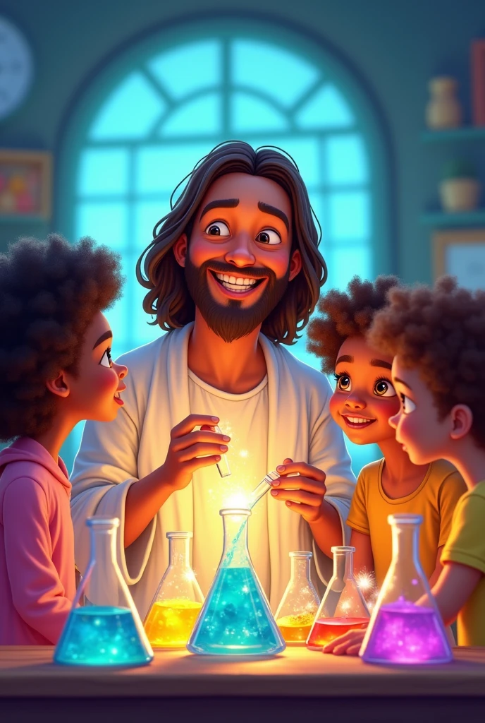 This image should be in the Disney Pixar style where it is Jesus with a round and cute face with several children around him smiling in a science lab. This image should be 1080x1920 in size