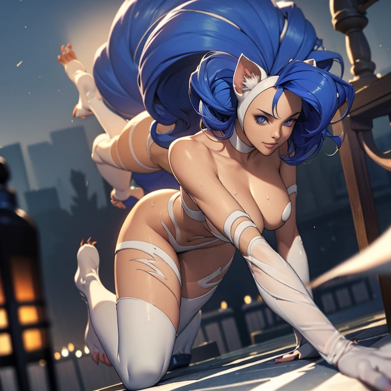 ((Master quality, 8K, masterpiece:1.3, ultra-detailed, high resolution, RAW Photos, detailed , blurry, Actual, hyper realistic, photo, HDR)), BREAK, perfect anatomy, perfect hands, perfect legs, perfect feet, detailed eyes, BREAK, One person alone, felicia, beautiful face, beautiful detailed eyes, (dynamic posing ), long hair, Fluffy fur, ( Round and Stacked Breasts ), Cleavage, Slim waist, seductive smile:1.5, Sweat-soaked skin, BREAK, wearing( A single Cat tail on the butt), , Graffiti art, BREAK, ( Random Angle, full-body, ), dynamic angle, , background(Realistic , cinematic lighting, depth of field, night city, the full moon,, Gothic Horror atmosphere light particles, , )