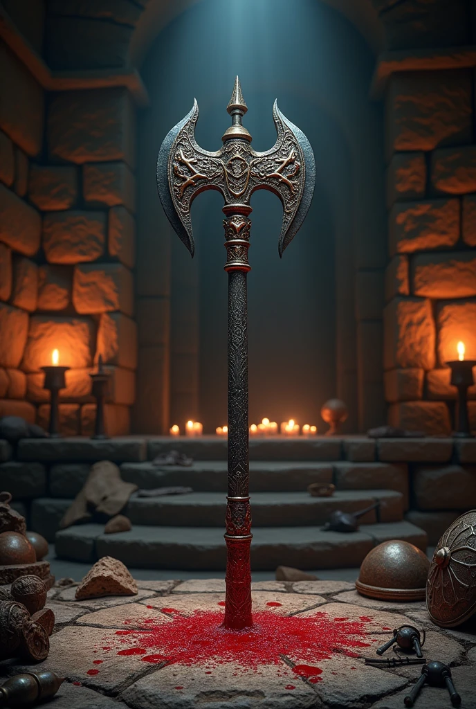 Legendary war axe on blood-filled altar