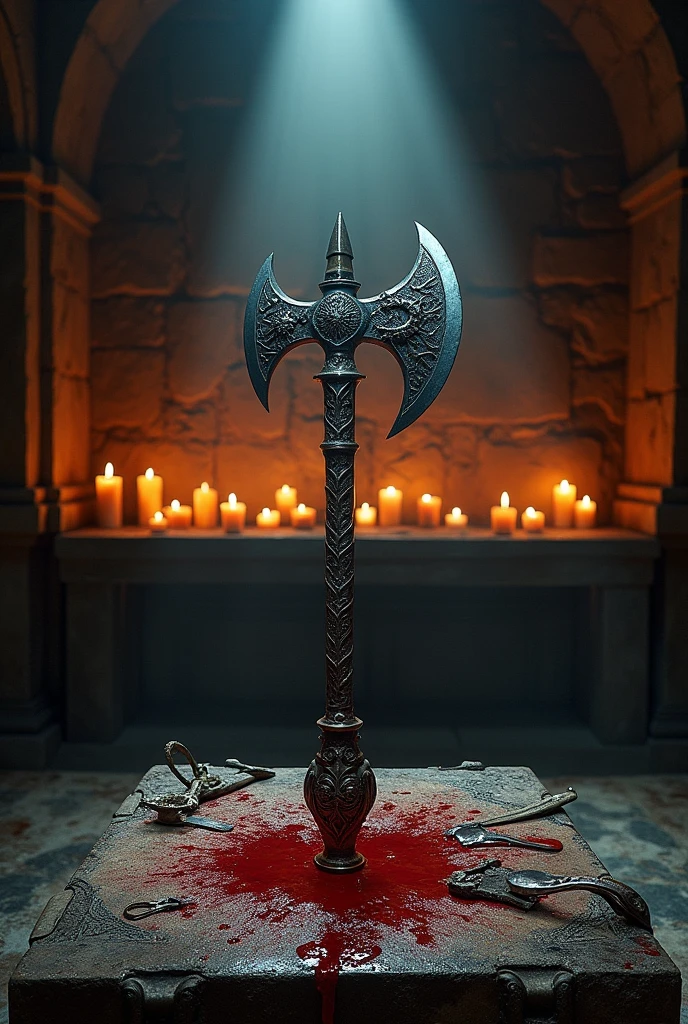 Legendary war axe on blood-filled altar