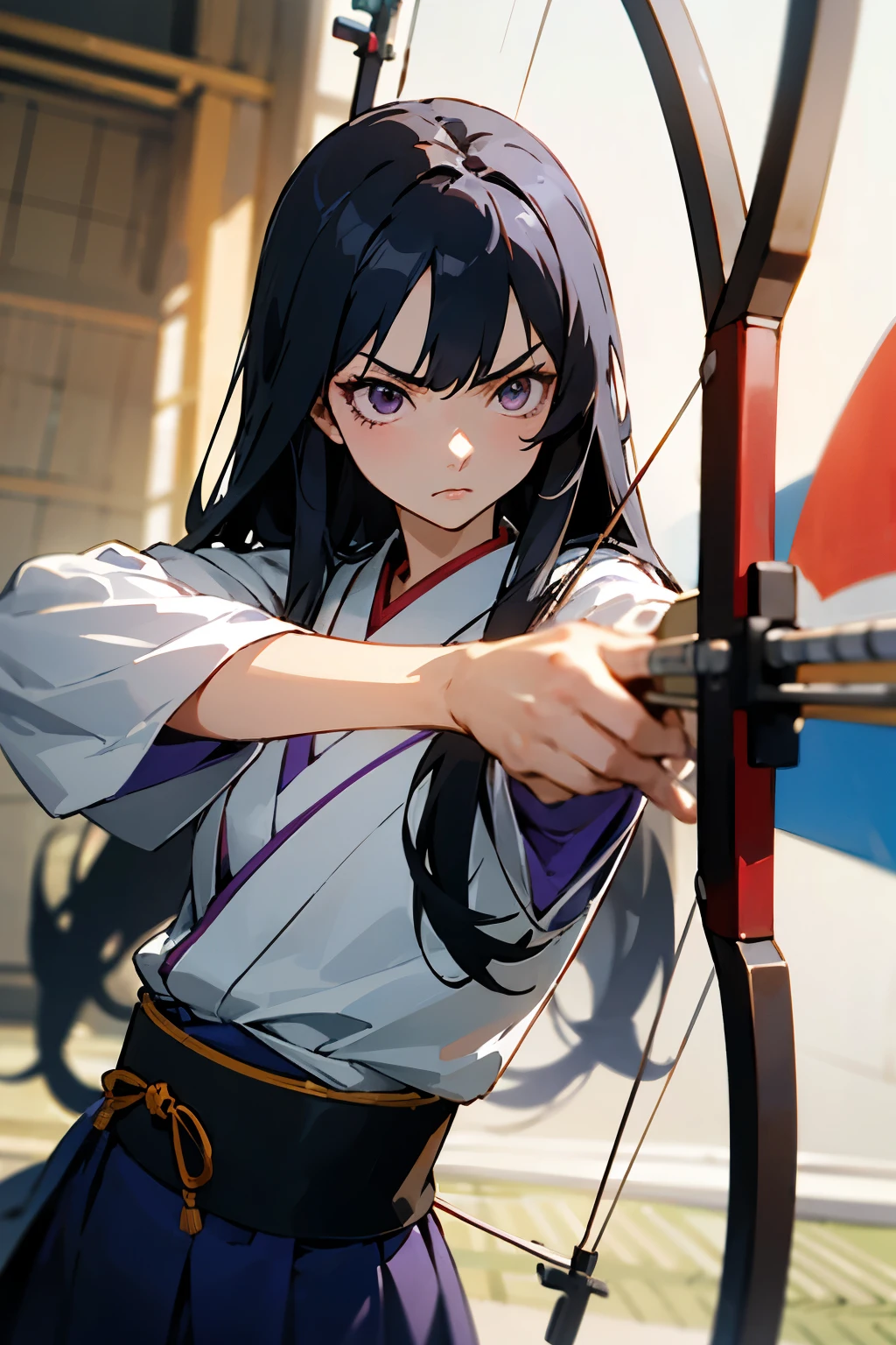 Young Japanese woman with serious features, with long, straight black hair, purple-eyed, segurando um arco, practicing archery, In school, anime styling