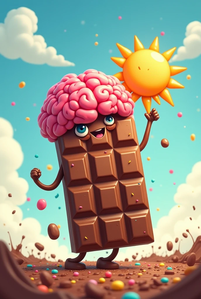 a chocolate bar with a brain, and the brain is holding a sun