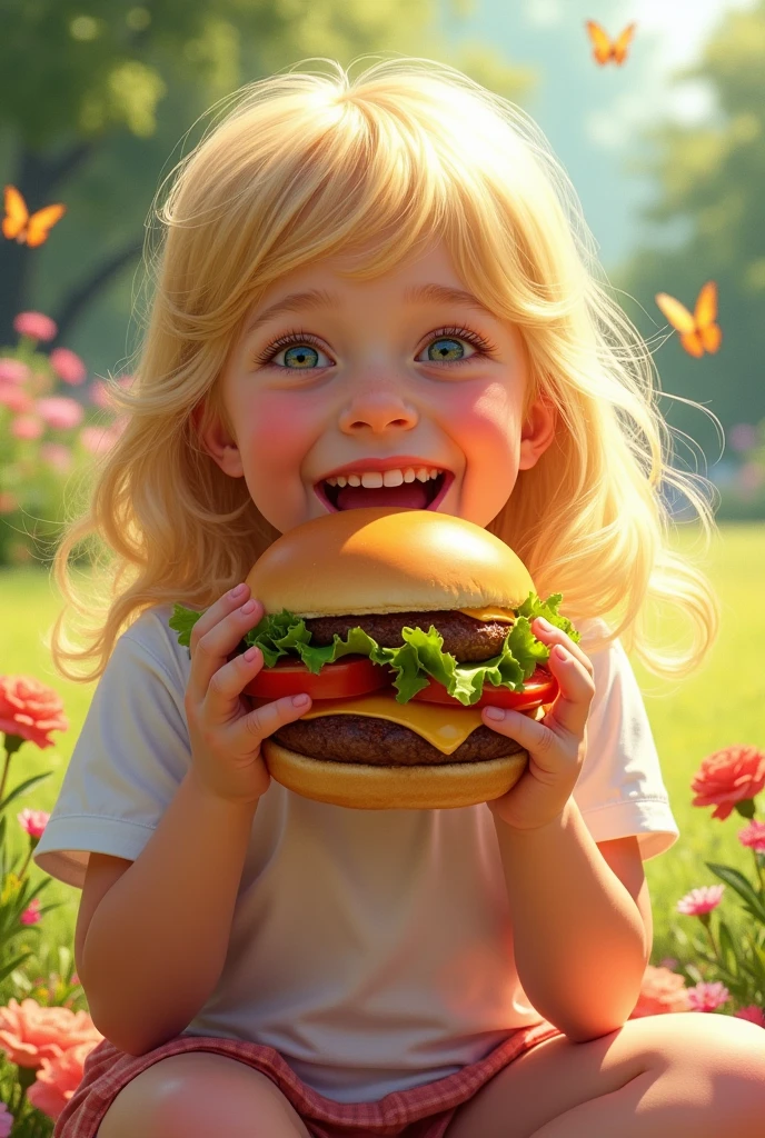 Drawing a young blonde girl with a hamburger, looking happy