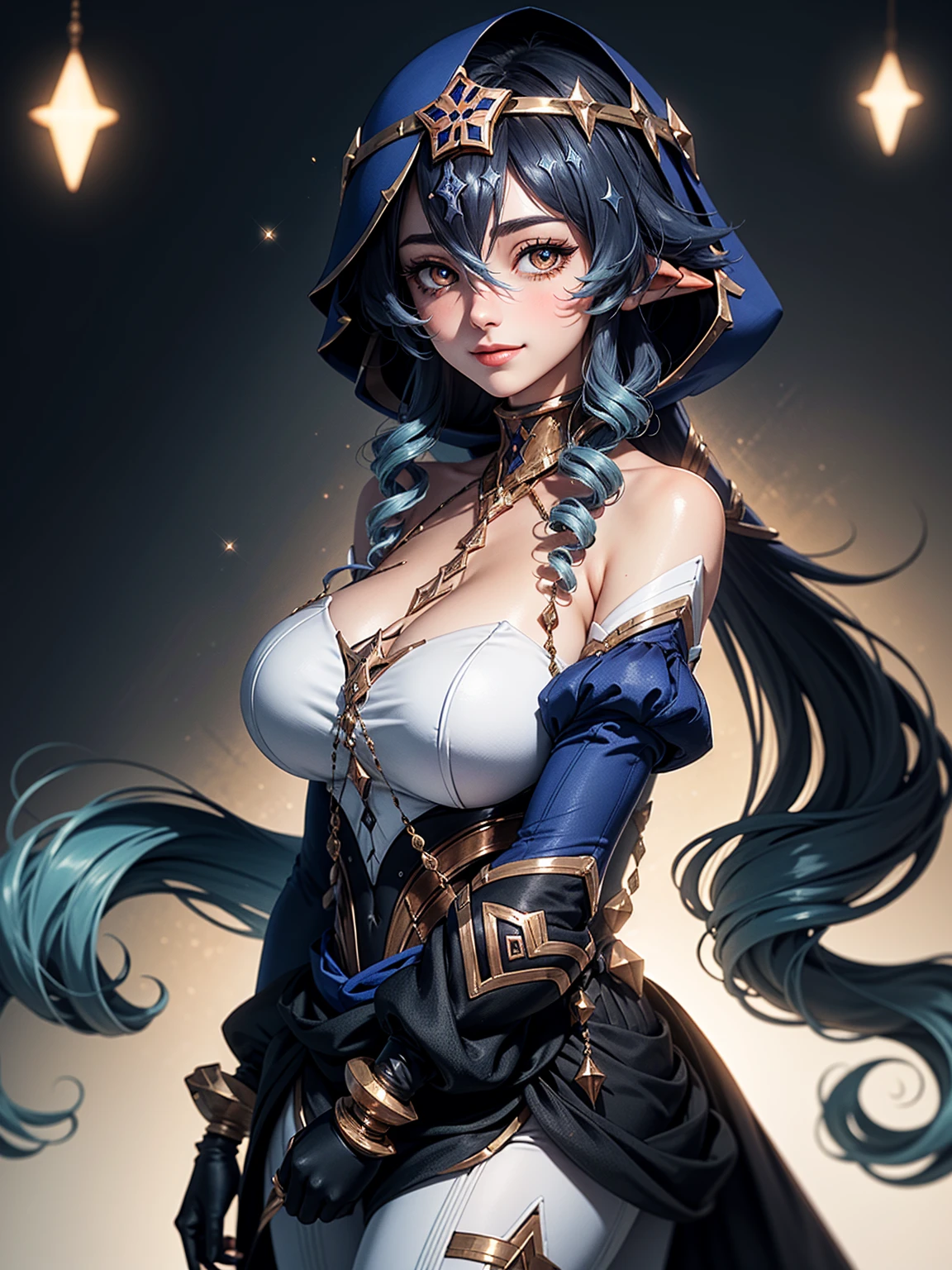 masterpiece, Super detailed, high quality, 8k CG, Huge breasts, layladef, night, blush, smile, Bright Eyes, Are standing, (Shining Eyes:1.5), Upper body details, Arms crossed,