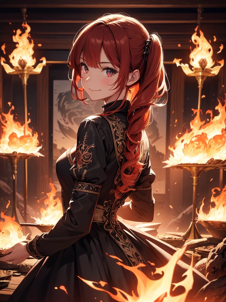 (((best quality, sharp image, clear image, cinematic lighting, 8k resolution, masterpiece, ultra detailed, intricate))) Girl, (((looking over left shoulder))), (shot from behind), ((shot from hip up)), fiery red hair, pigtails, ((intricate black dress)), ((flaming sigils, flaming runes)), spiky rock formations, (flaming lotus flowers frame), (intricate background), ((Phoenix)), (swirling flames), smiling