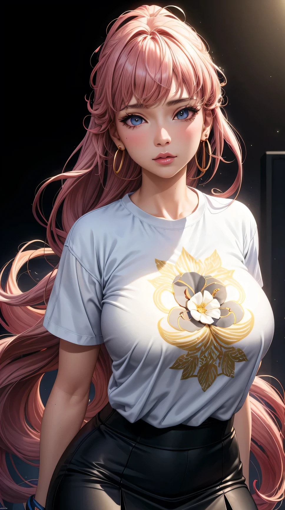 (best quality:1.5, highres, UHD, 4K, detailed lighting, shaders), white curly floral haired, gradient hair, large breasts, suit, T-shirt, social shirt, short skirt, mature woman , (pov), white background, colorful eyeshadow, dramatic lighting, sparkling eyes, sensual expression, golden earrings, flowing hair, delicate facial features, soft skin, high cheekbones, urban setting, black background, dont look for the camera, lean forward,  behind  the camera, eyes half closed