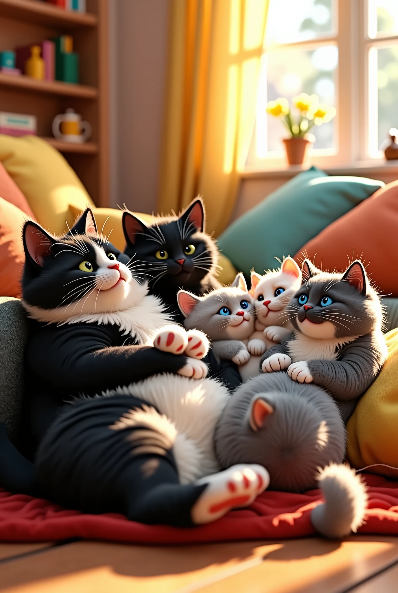 Create the image of a family of 6 cats, in the Disney Pixar 3D style. The cats must be cute with smooth, voluminous fur, the middle cat is large and fat in black and white, the other cats must have the following colors: Black cat.
Black and white cat.
Gray and white cat.
Gray cat.
White cat with a small spot on its head.