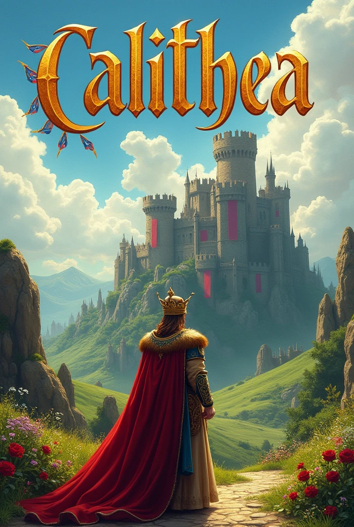 Medieval fantasy background a new story. with a crown . With the Calithea text in large size