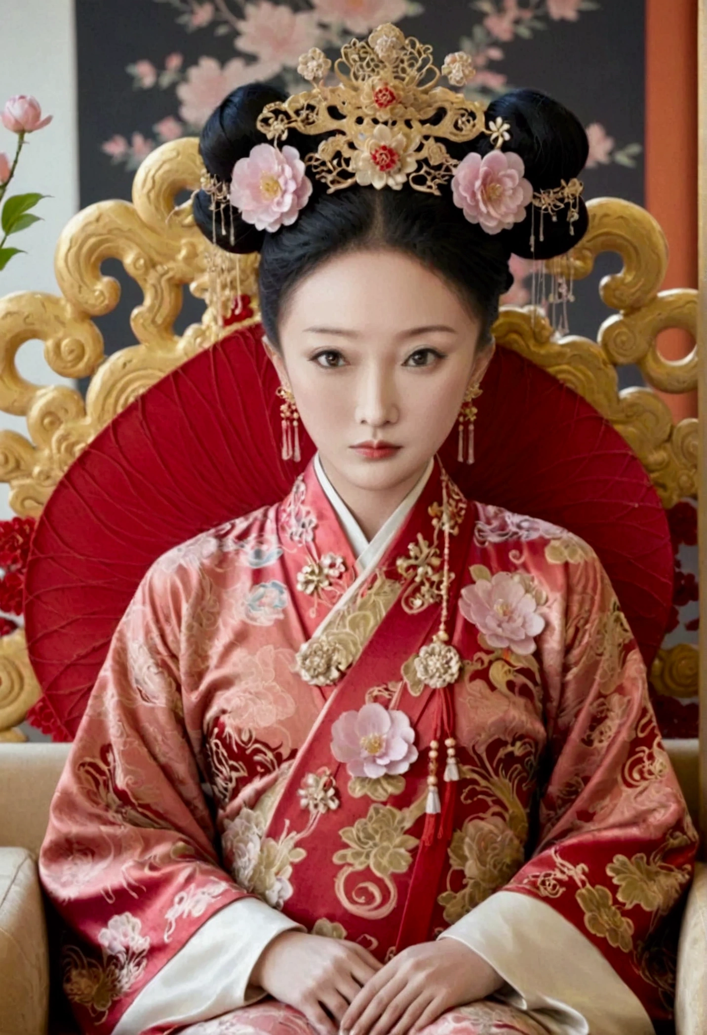 The naked front or seen appearance of a luxurious Empress from the Qing Dynasty of China, sitting on a large golden sofa., Large breasts and a pornographic pose, her hair tied on both sides、A beautiful hairpin and flower ornament, the Empress of China、Hair tied in the back, a perverted and erotic female background、The setting is the luxurious room of the Empress in the Qing Dynasty palace of China。.。
