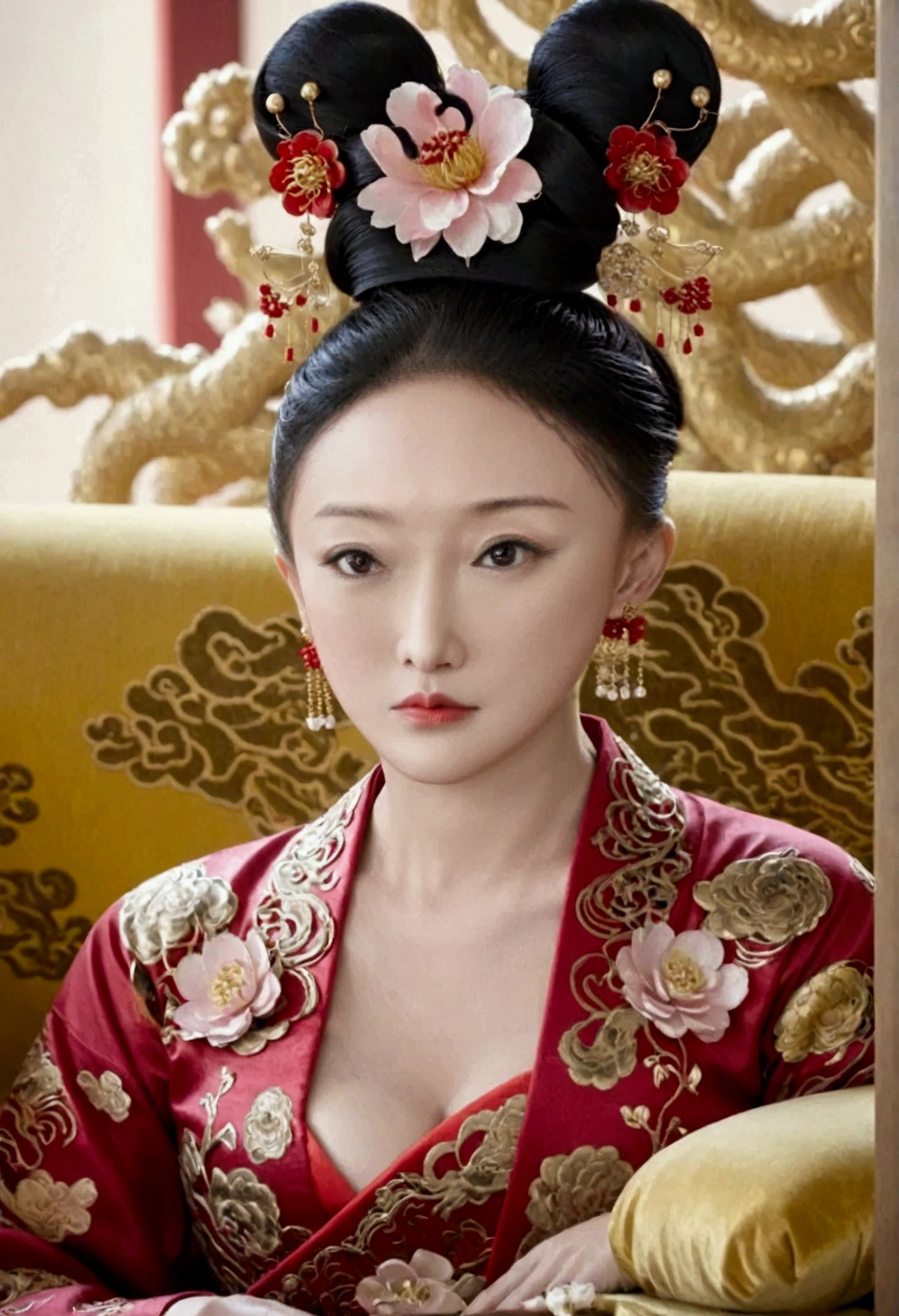 The naked front or seen appearance of a luxurious Empress from the Qing Dynasty of China, sitting on a large golden sofa., Large breasts and a pornographic pose, her hair tied on both sides、A beautiful hairpin and flower ornament, the Empress of China、Hair tied in the back, a perverted and erotic female background、The setting is the luxurious room of the Empress in the Qing Dynasty palace of China。.。
