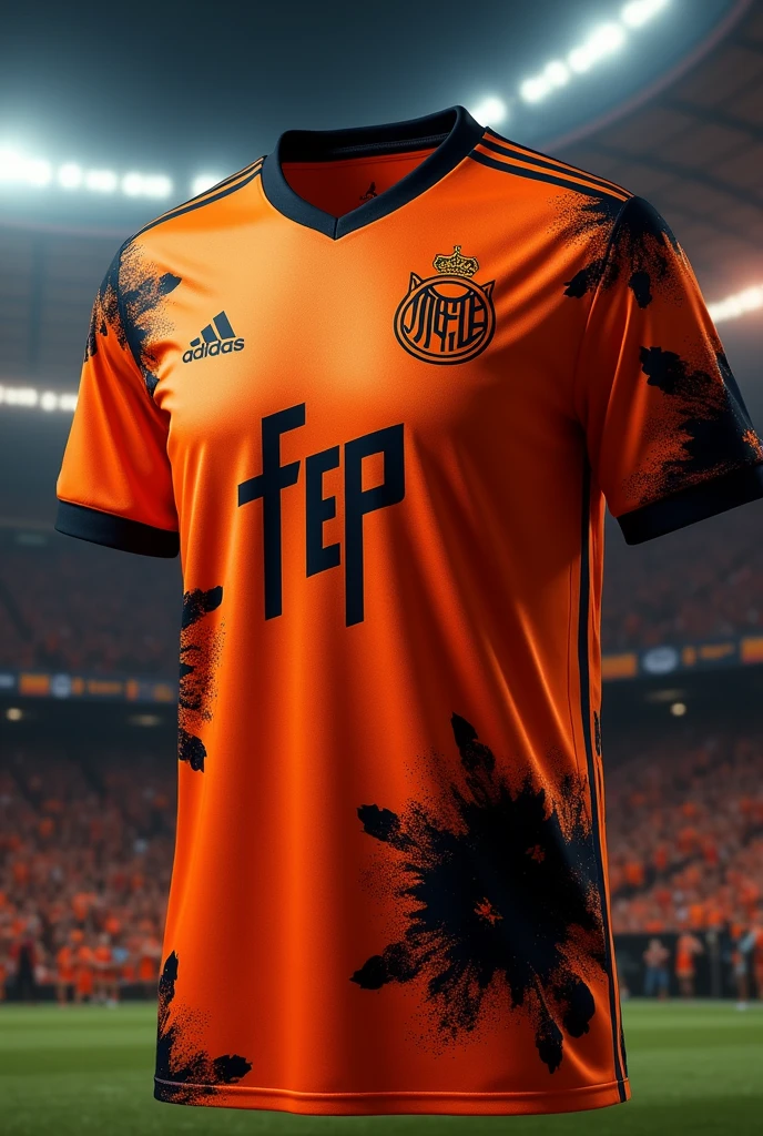 Orange jersey with abstract black details and the initials FEP on the chest with a logo
