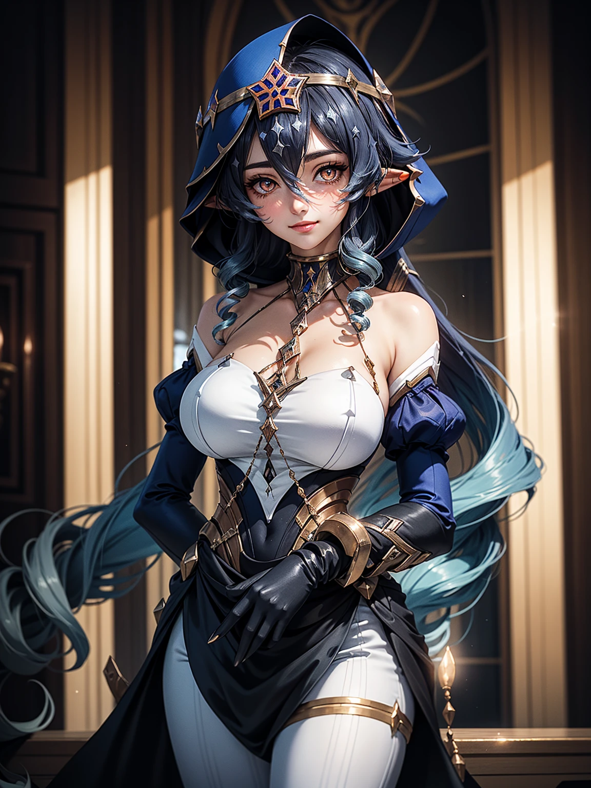 masterpiece, Super detailed, high quality, 8k CG, Huge breasts, layladef, night, blush, smile, Bright Eyes, Are standing, (Shining Eyes:1.5), Upper body details, Arms crossed,