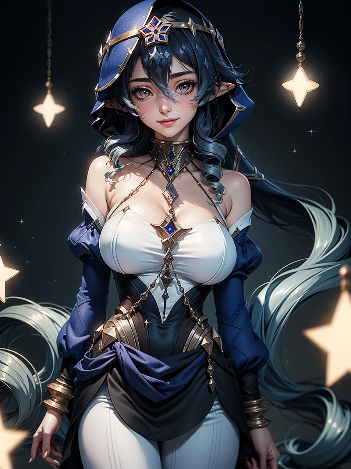 masterpiece, Super detailed, high quality, 8k CG, Huge breasts, layladef, night, blush, smile, Bright Eyes, Are standing, (Shining Eyes:1.5), Upper body details, Arms crossed,