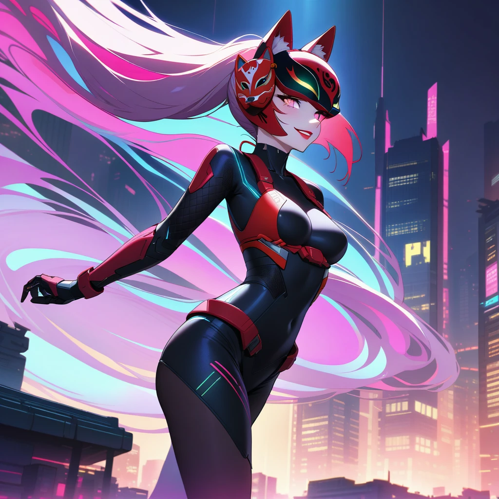 In a dystopian cyberpunk cityscape bathed in neon hues and moonlit shadows, a cyborg female ninja stands out as a stark silhouette. Her face is obscured by an ancient Inari fox mask, adorned with vibrant red lines on a white background, as she hurtles forward at breakneck speed. The wooden mask's intricate details seem to glow with a soft luminescence in the pale moonlight, while her lean, athletic physique appears to be propelled by some unseen force. The city's towering skyscrapers loom behind her, a testament to humanity's fleeting grasp on innovation and progress. A sensual profile with a crazy smile on her dark red lips., masterpiece, incredibly absurd resolution, absolutely resolution, ultra high resolution,
