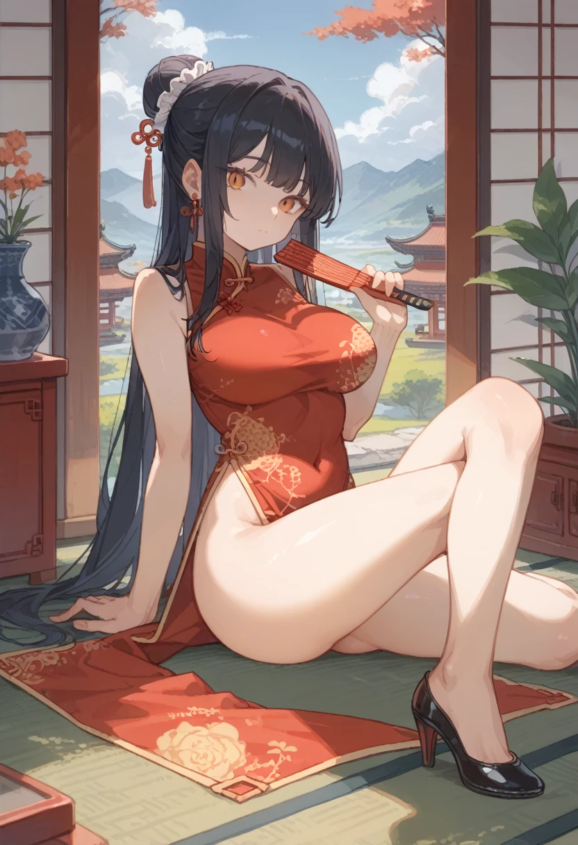 woman, solo, 30years old, ((long hair)), Bun Head, china dress, 長いchina dress, slit, ((deep-slit china dress)), Bare feet visible through a slit in her dress, A room decorated with traditional Chinese motifs, Holding a fan at her waist, Stiletto heels, A luxurious rug covers the floor, looking at viewer, Landscape, closed mouth, full body, Clear skin, Her hair is tied back in a bun, large breasts, no panties, 