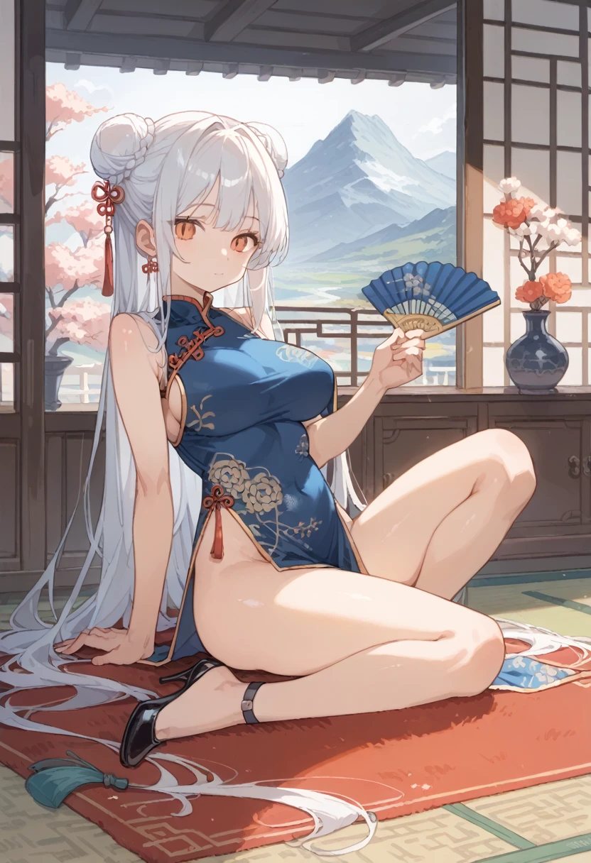 woman, solo, 30years old, ((long hair)), Bun Head, china dress, 長いchina dress, slit, ((deep-slit china dress)), Bare feet visible through a slit in her dress, A room decorated with traditional Chinese motifs, Holding a fan at her waist, Stiletto heels, A luxurious rug covers the floor, looking at viewer, Landscape, closed mouth, full body, Clear skin, Her hair is tied back in a bun, large breasts, no panties,