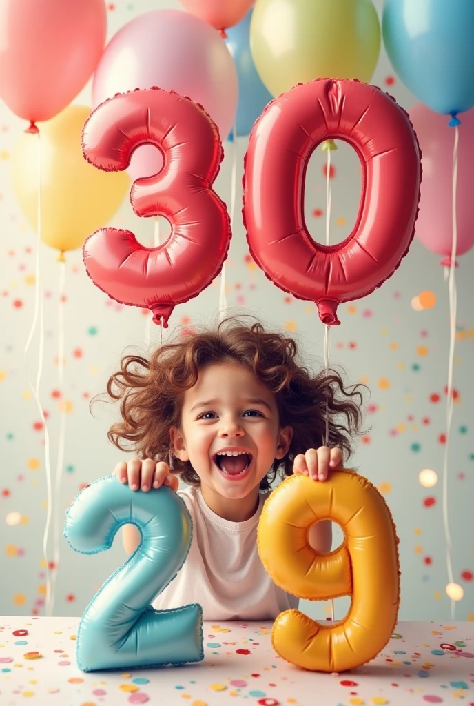 a drawing with the number 30 crossed out and the number 29 below a short curly hair and party balloons