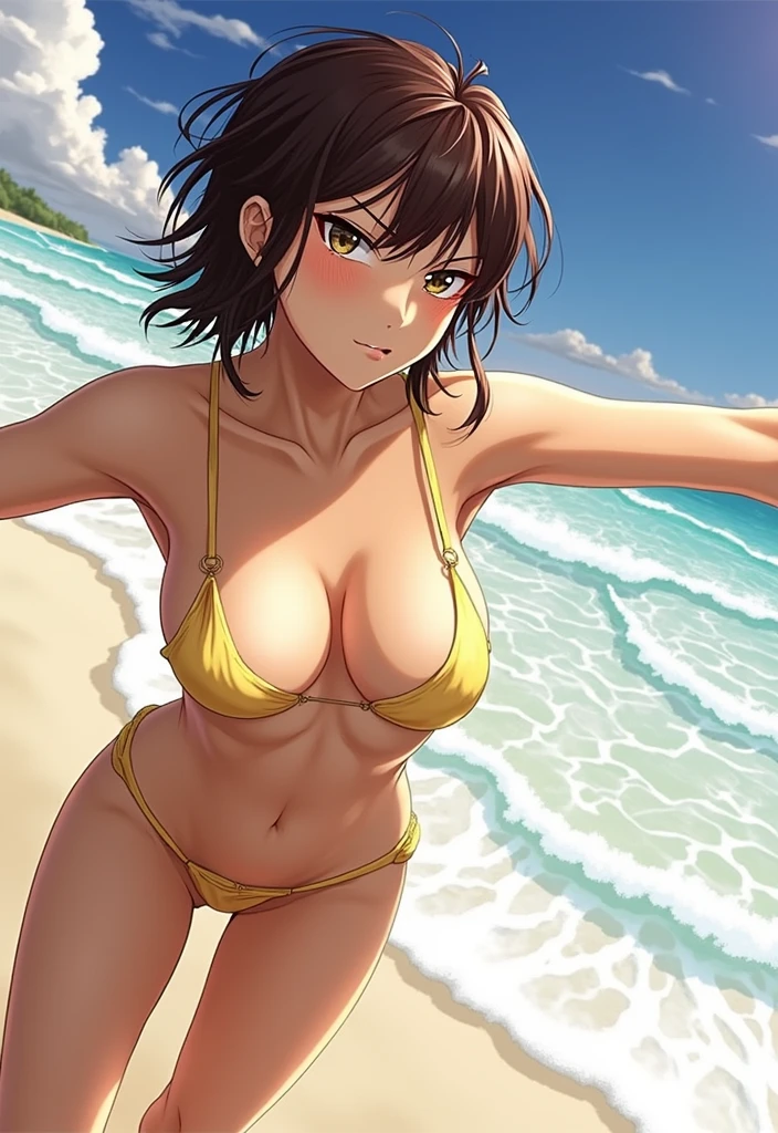 Beach,naked,Nipples are pink,Displeased expression,The eyes glare at me.,M-shaped legs