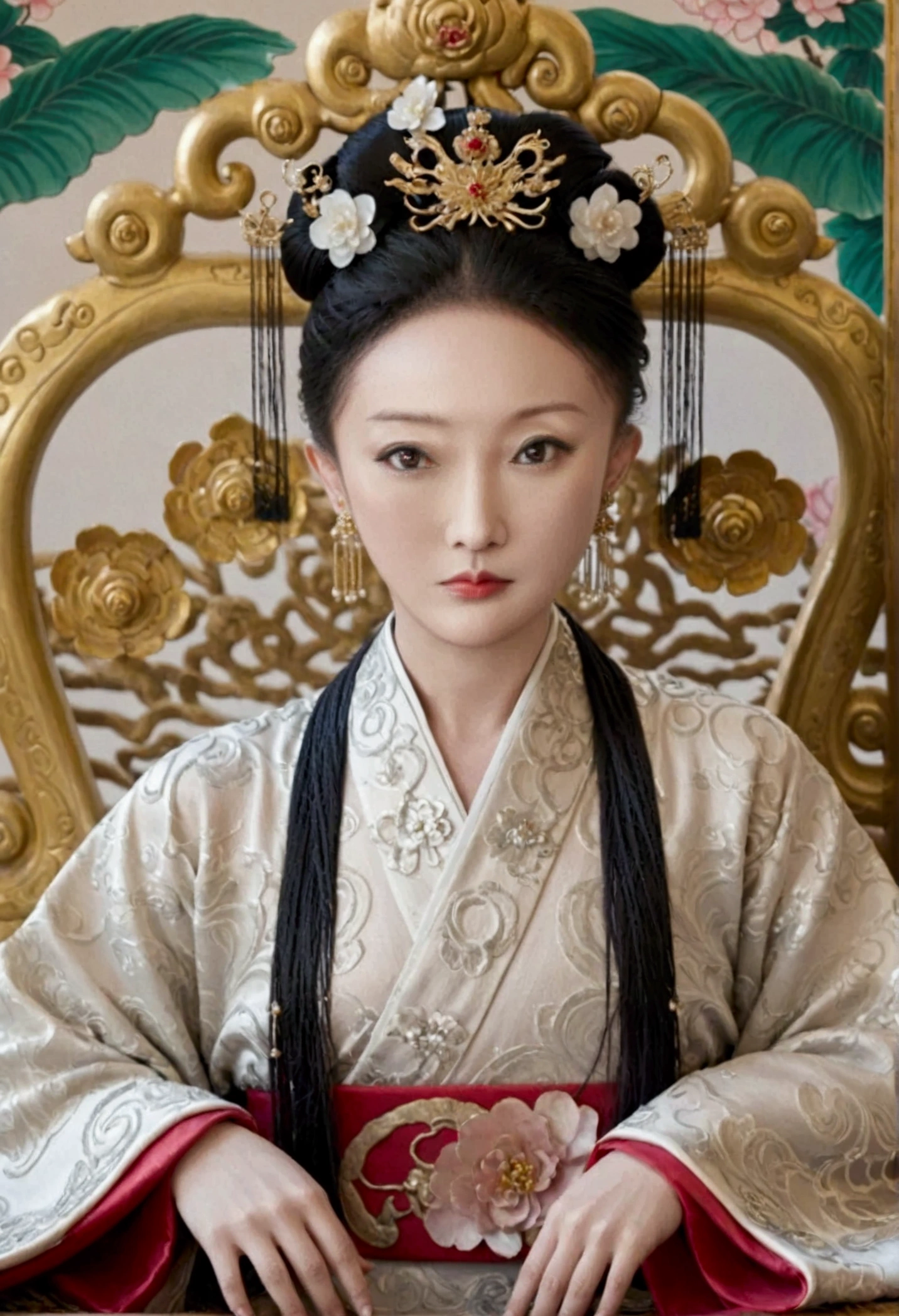 The naked front or seen appearance of a luxurious Empress from the Qing Dynasty of China, sitting on a large golden sofa., Large breasts and a pornographic pose, her hair tied on both sides、A beautiful hairpin and flower ornament, the Empress of China、Hair tied in the back, a perverted and erotic female background、The setting is the luxurious room of the Empress in the Qing Dynasty palace of China。.。
