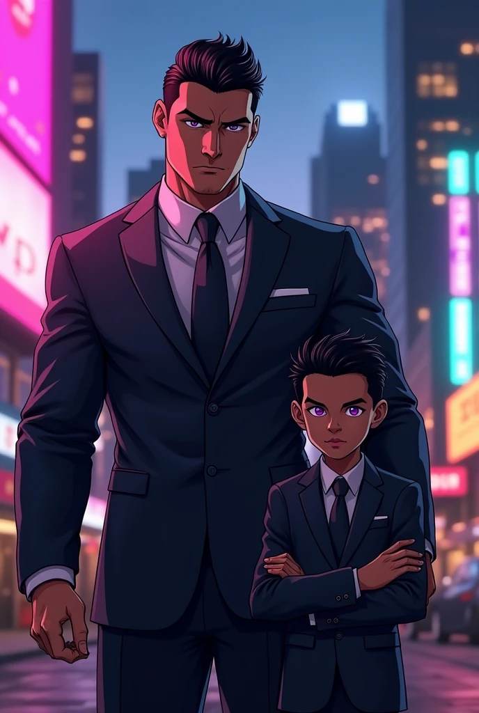 1man,1boy,muscualr,black hair,purple eyes, trained, suit