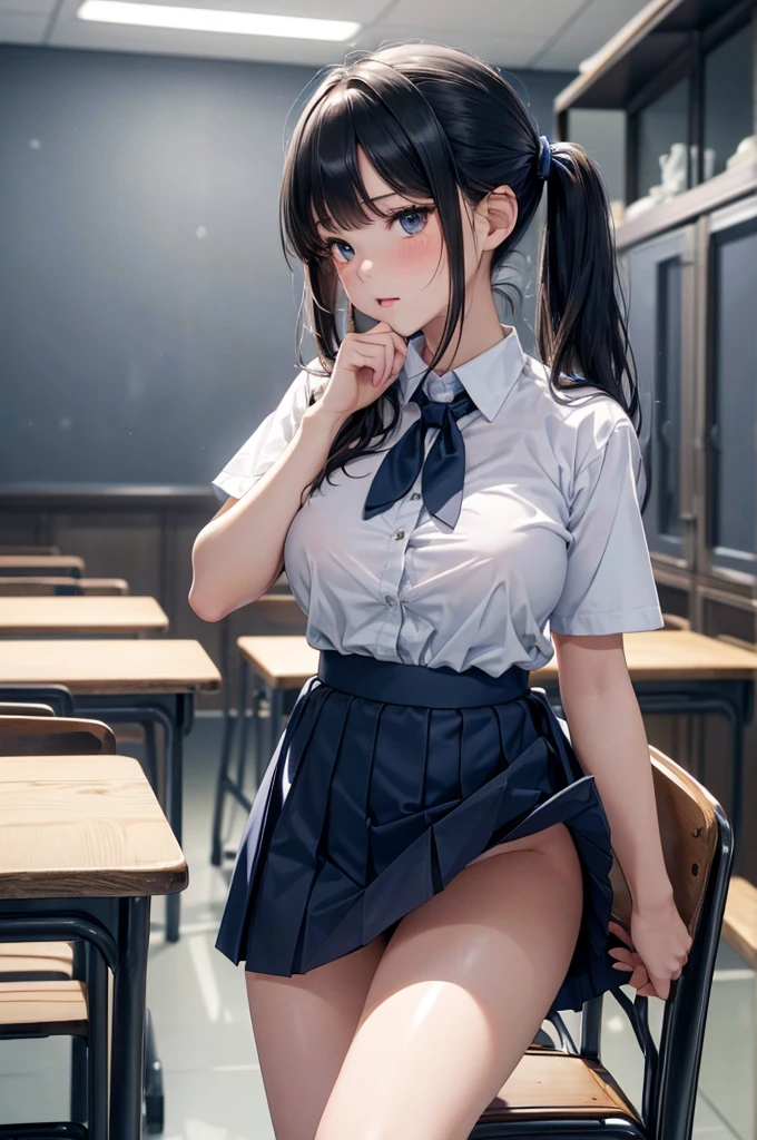 Absurd, Super detailedな,(In 8K:1.3),Masseter muscle area,(masterpiece:1.2)、(Highest quality)、4K、Super detailed、(Movement Structure:1.4)、(Shining Lights、Atmosphere lighting), High resolution, Best Quality、(One person:1.4),Super detailedな,Bright colors、Treebreak Production Art、(Warm color light source:1.2),High-level image quality、Fine image quality、Intricate details,Volumetric Lighting,Realism BREAK、Profile、 Very beautiful face and eyes, Beautiful images、 Idol face、、(Baby Face:1.4)、natural make up、big eyes、(Big Tits:1.2)、(Breast bag:1.2)、(glossy skin :1.5), (sit:1.2)、School Chair、(to lift up one’s mini dark blue skirt:1.5)、 (School classroom:1.2)、 (black hair、blunt bangs、twintails:1.2)、 sailor suit, dark blue collar, white shirts, short sleeve, school, mini dark blue skirt,、(Good, highleg panties, highleg, groin)、 (full face blush:1.2),