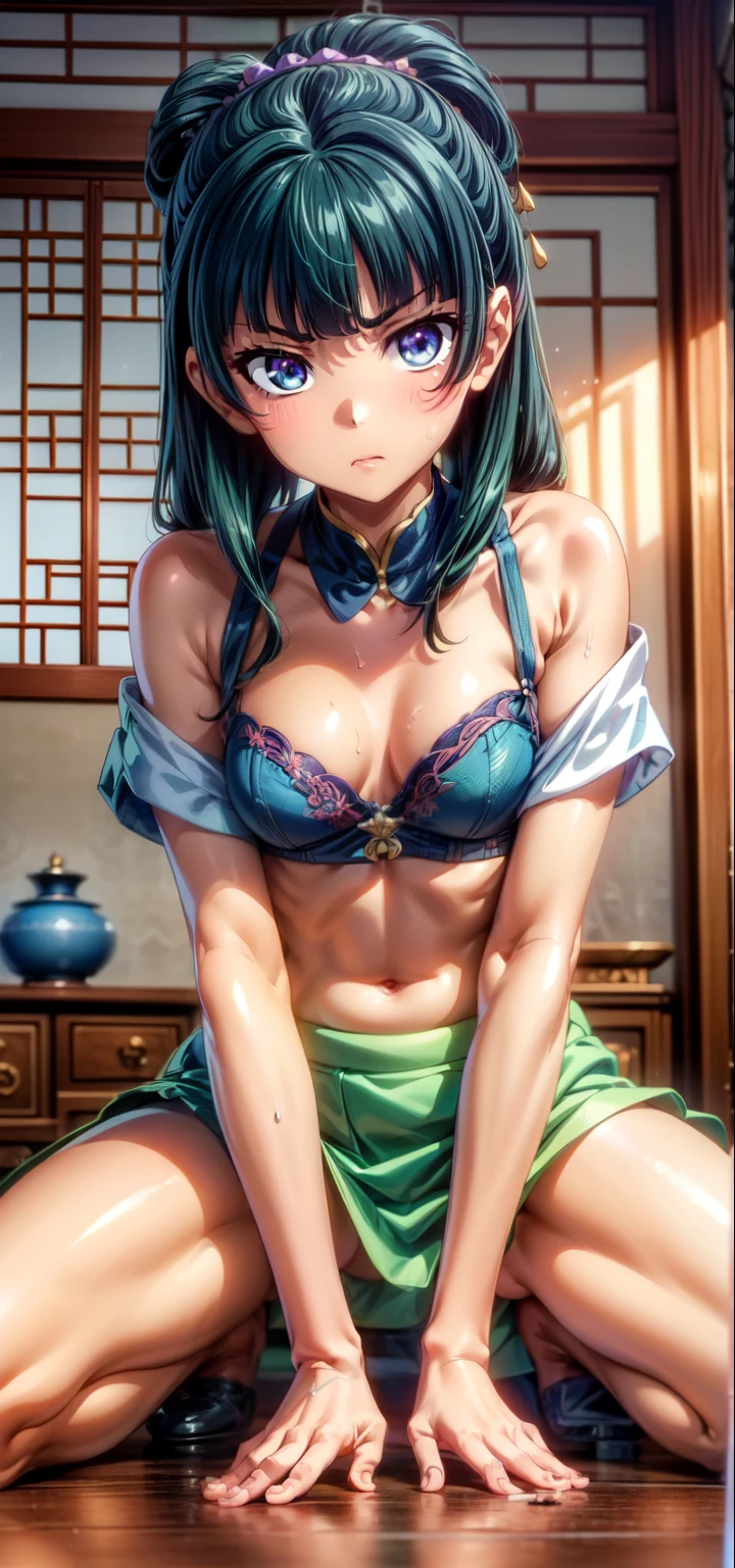 (Masterpiece, High Quality, Top quality, High-Detailed, Detailed CG, Cinematic Shadow, Cinematic Scene, Beautiful Detailed Eyes, Ultra Resolution, Depth of Field, High Resolution, Masterpiece: 1.2), Anime Art style, Very Detailed, Dynamic Angle, Teen Style, Detailed Green Hair, Detailed Blue Eyes, Purple Eye, Slim Body, Sparkling Eyes, Sparkling Detailed Eyes, Hair Accessory, Earrings, Slightly Blunt Bangs, Looking at the Audience, Cute, Five Finger, (Angry Expression:1.2), (Chinese Flower Pattern), (Chinese Underwear: dudou [Bellyband], [Pocket], [pocket]), (moxiong [Tube Top]), (Waxiong [Stockings]), (Lanqun [Skirt]), (Hehuan Lanqun [Hibiscus Skirt]), lingerie, Underwear, Good Composition, Legs, Feet, Buttocks, Sweat, Thighs, Small Breasts, Small Size Breasts, Blur Background, Chinese Architectures