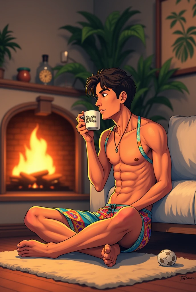 I want you to draw James Rodríguez wearing beachwear in the living room watching the fireplace and drinking coffee sitting on the floor in anime style..