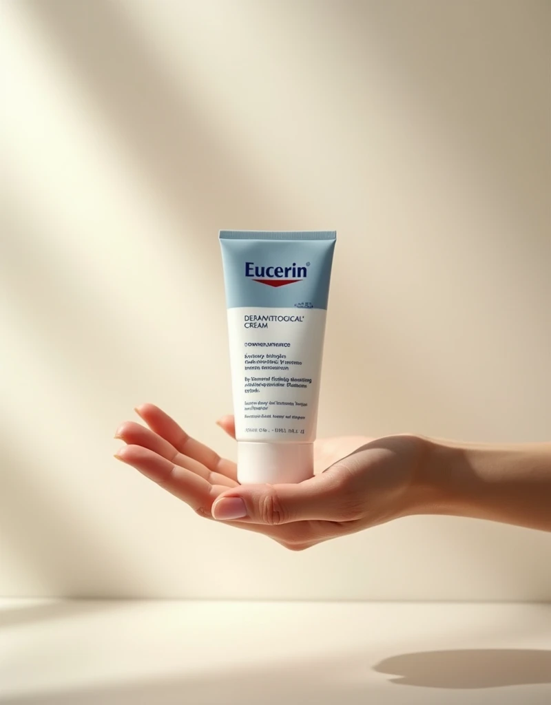 Eucerin brand dermatological cream in a cream background with one hand