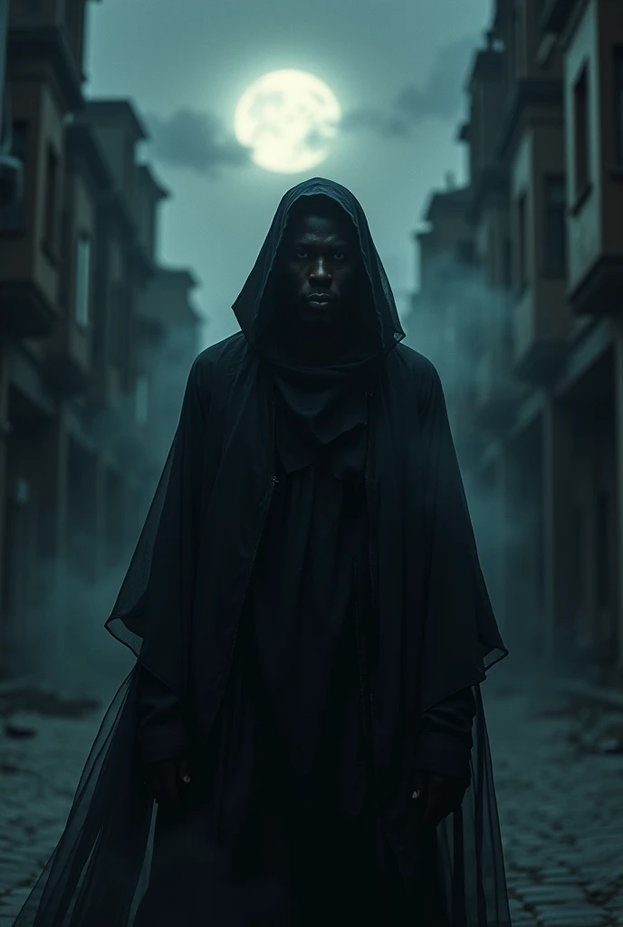 A ghost of a black man standing in the dark wearing dark clothes 