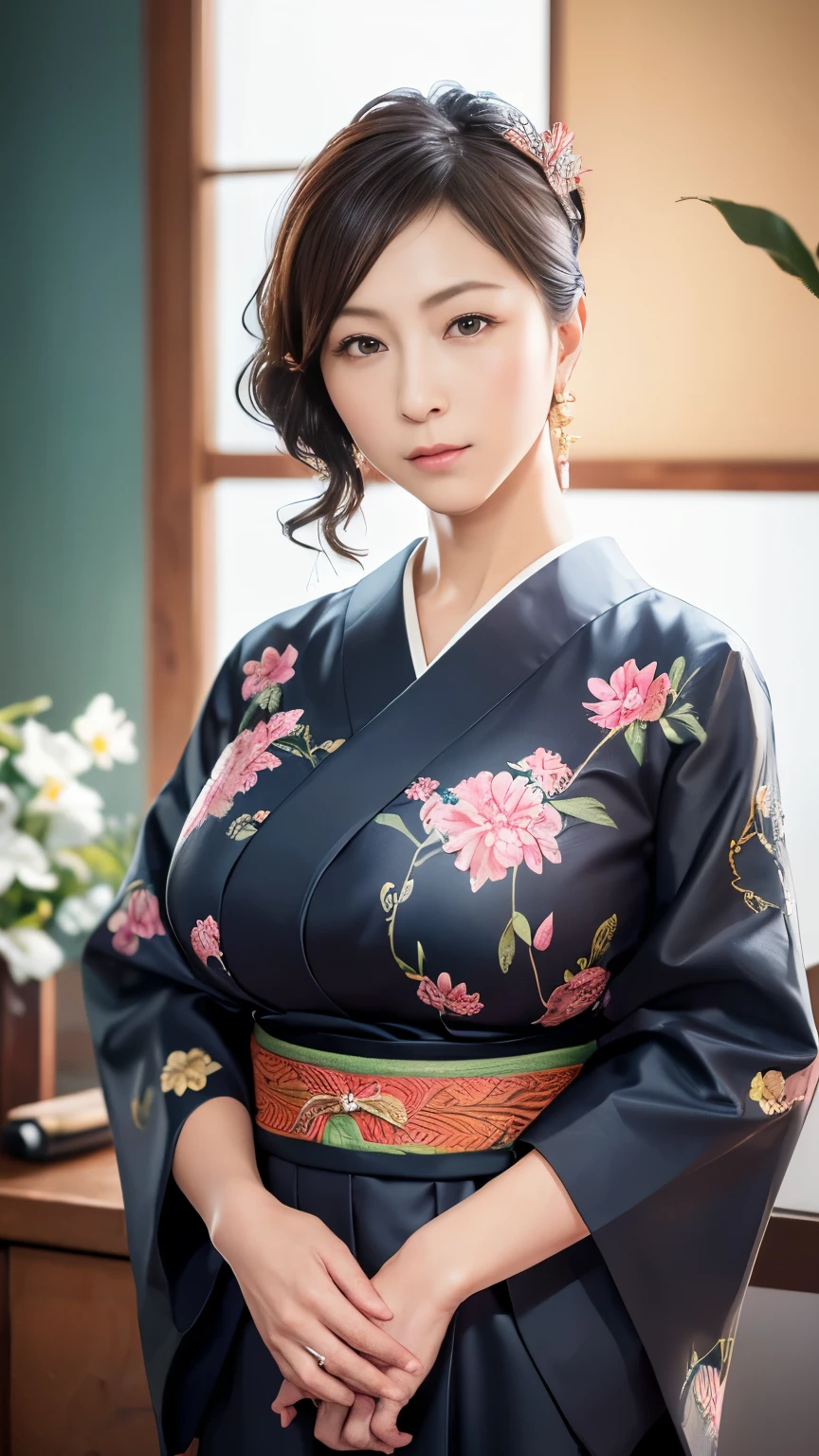 4K, Realistic,Very detailed、Japanese hairstyle with a kanzashi (hair ornament)、Gorgeous Japanese clothing、(((Burstingly Big Breasts)))、((Tight abdomen))、Soft Theme,Age 25、smile、(((Yakuza wives)))、((Pistol))、(Expensive obi)、((Carp pattern))、((Delicate painting))，(Detailed RAW photos), (masterpiece:1.25), (Highest quality:1.6), (Ultra-high resolution:1.5), (Realistic:1.75), 8k resolution,:1.6),  Canon EOS R5, 50mm,Very detailedな,Cinema Lighting