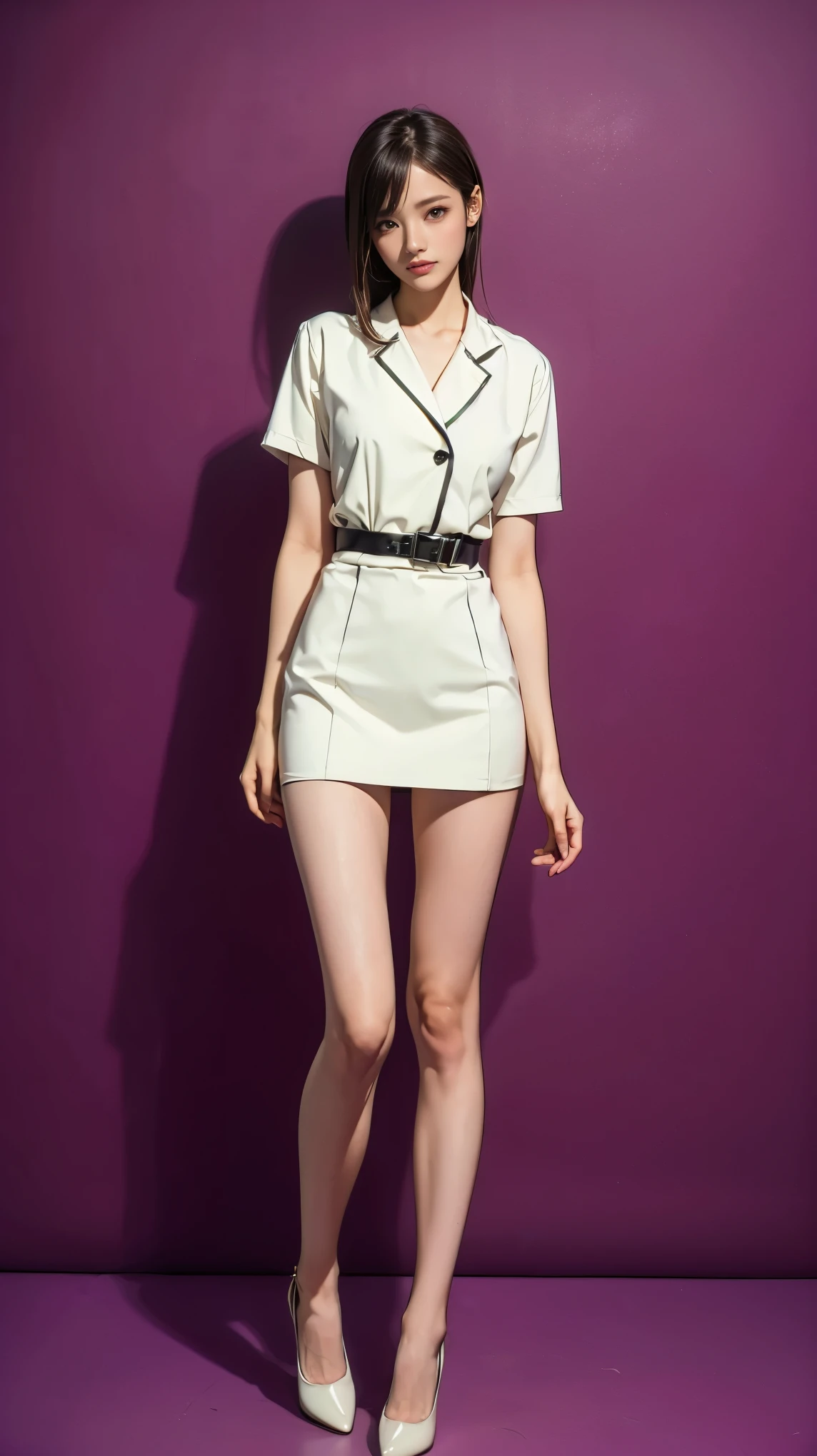 ((masterpiece)),(((Highest quality))),Thin thighs,Long legs,whole body:1.5，(one person&#39;s:1.3),(Black pantyhose and thick pointy heels：1.3),(Wearing a floral miniskirt dress:1.2),Curly Hair Short Blonde:1.2、Model pose，