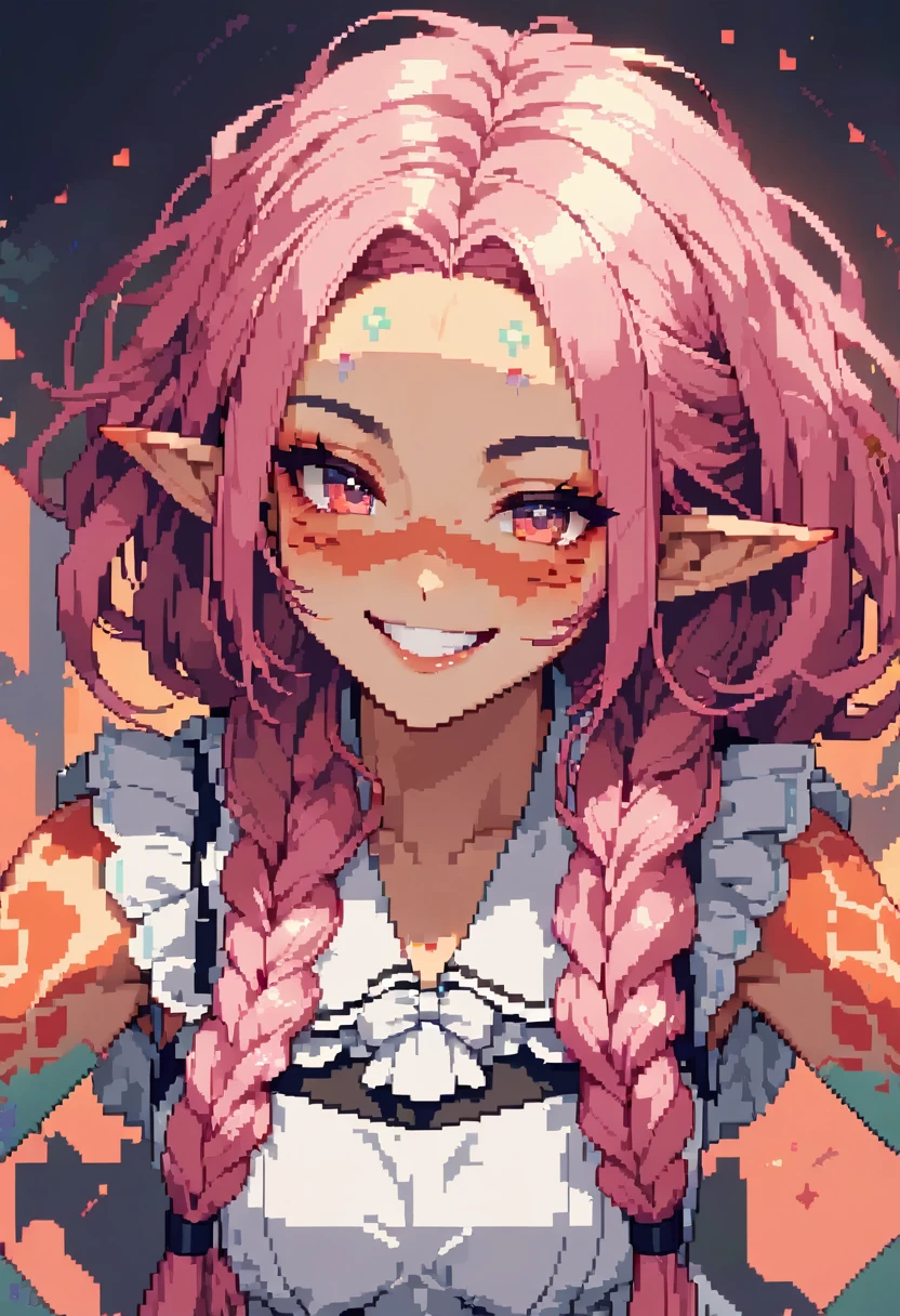 (8-bit pixel art style) (solo:2, 1000 yo), (beautiful detailed Sunburn skin:1.4) (immensely beautiful elf woman) (Dreadlocks;1.6 pink hair long hair) (beautiful smile) (glossy lip, grin mouth) (small tits), in a detailed master maid uniform, break, background white, BREAK, perfect anatomy, masterpiece, best quality, beautiful detailed 8-bit pixel, daydreaming expression.