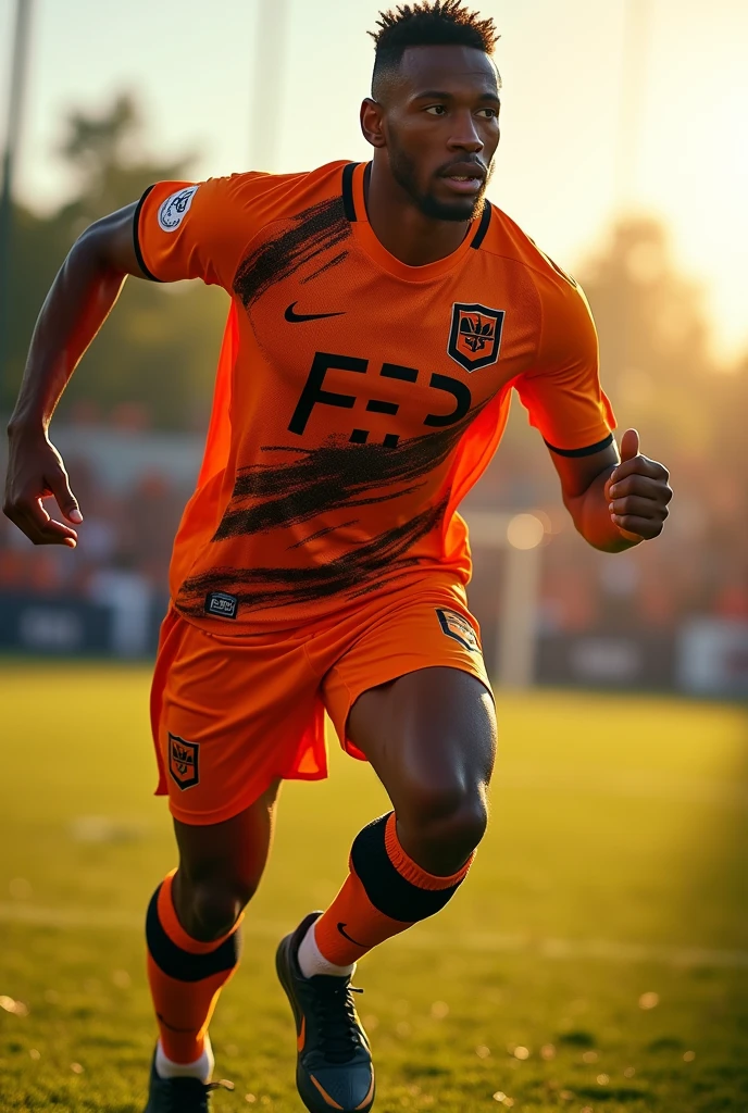 Orange jersey with abstract black details and the initials FEP on the chest with a logo