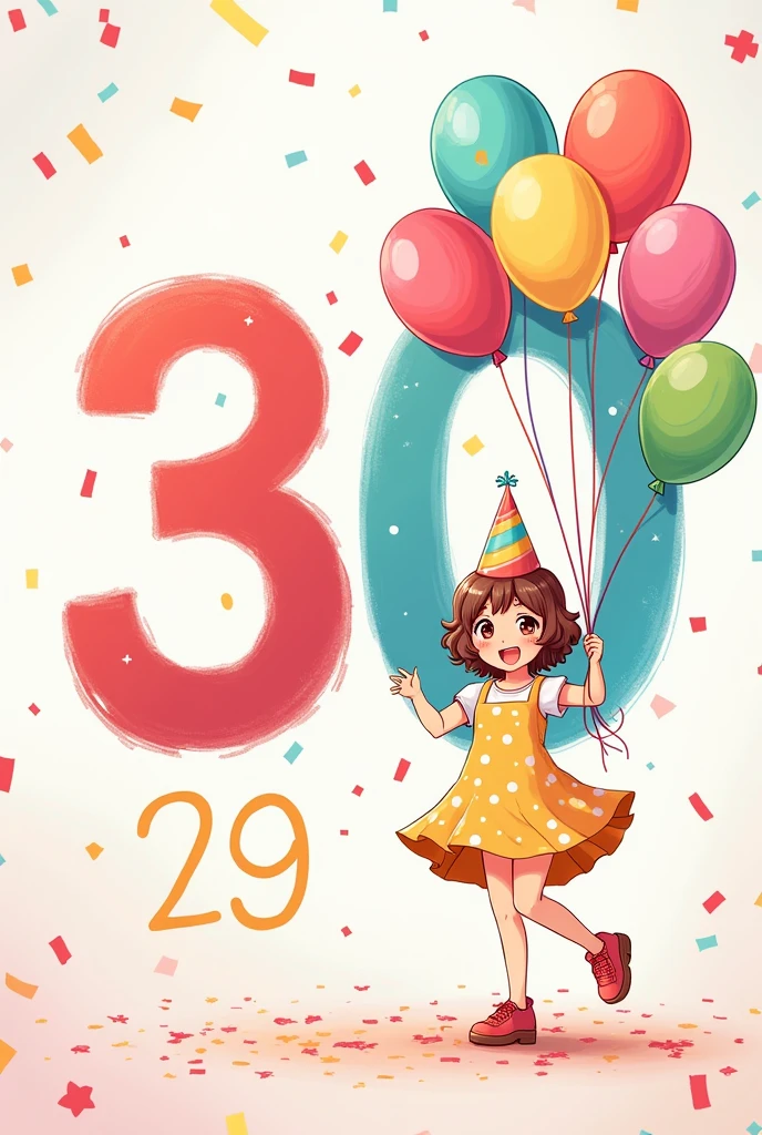 a drawing with the number 30 crossed out and the number 29 below it, an anime girl with short curly hair and party balloons